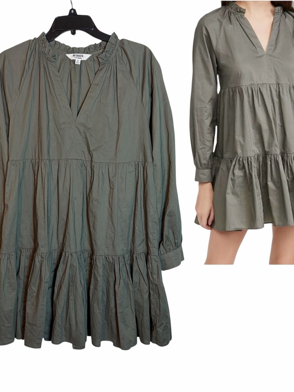 BB DAKOTA STEVE MADDEN Olive Cotton Shift Dress Long Sleeve Mini Tiered V Neck